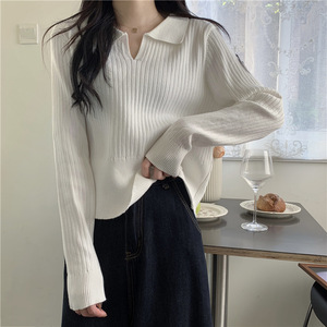 Women's Ribbed Polo Collar Knit Top Apricot Long Sleeve Solid Color Sweater Autumn Winter Inner Layer High End Base Layer - Product Image 4