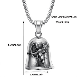 Collier pendentif cloche ange gardien Cupidon vintage en acier inoxydable, amulette cloche de motard en argent antique, bijoux pour hommes et femmes - Product Image 6