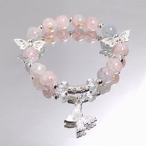 Korean Pink Crystal Butterfly Pendant <b>Beaded</b> <b>Bracelet</b> for Women 10mm Sweet Beads Chain <b>Bracelets</b> Girlfriend Jewelry Gifts - Product Image 2
