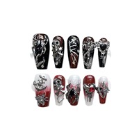 Ongles longs carrés faits à la main à pression, ombré rouge et noir, dégradé gothique mat, style vampire, esthétique sombre