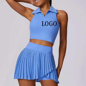 来样定做2025夏季高尔夫网球马球衣领作物背心二合一百褶裙套装泡菜花板带口袋羽毛球套装 - Product Image 1