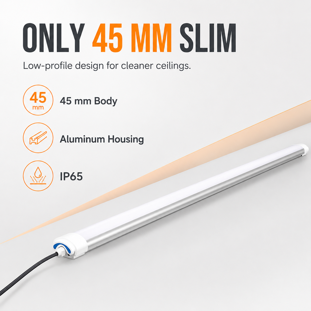45mm Slim Aluminum LED Tri Proof Light IP65 Ceiling Mounted Waterproof Linear Fixture 20-60W DALI 0/1-10V Dimming 5-Year