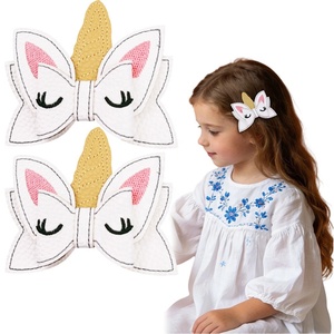 Children's Unicorn <b>Bow</b> Sweet Baby Embroidered Hair <b>Clip</b> PU Leather Fabric Hair Accessories - Product Image 2