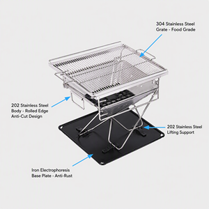 Barbecue portable pliable au charbon de bois <span class=keywords><strong>en</strong></span> acier inoxydable 304 avec grille réglable <span class=keywords><strong>en</strong></span> <span class=keywords><strong>hauteur</strong></span> et cadre <span class=keywords><strong>en</strong></span> X pour camping <span class=keywords><strong>en</strong></span> extérieur - Product Image 5