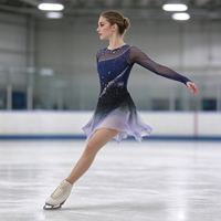 Robe de patinage et de danse dégradé bleu marine, violet et blanc, avec manches longues en maille nude et découpes ornées de strass, pour enfants et adultes, pour la compétition et la performance