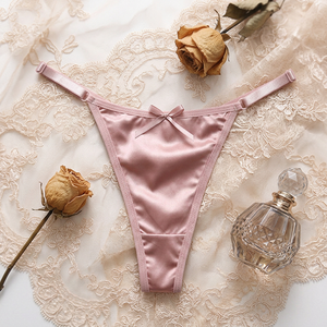 Sous-vêtements élégants en satin rose pour femmes, bretelles réglables, fines, taille basse, string, lingerie respirante en soie glacée, OEM ODM - Product Image 4