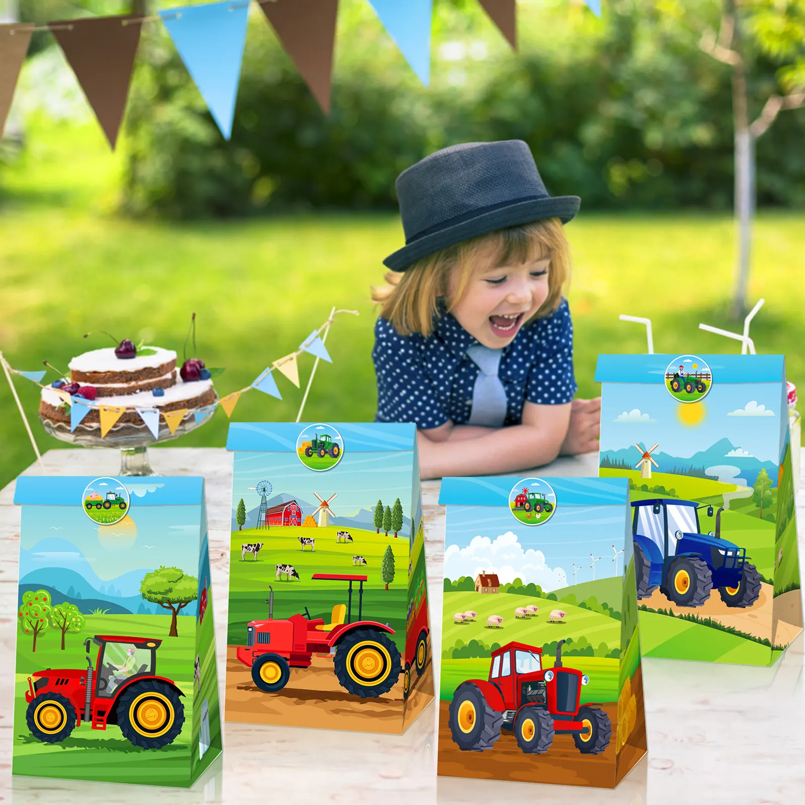 Xindeli LB205 Зеленый Трактор для вечеринки сувенирные бумажные пакеты детский подарок конфеты лакомство мешок с наклейками для фермы день рождения