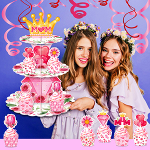 Huancai fête des mères gâteau support 3 niveaux couronne Floral Cupcake support Dessert tour décor pour <span class=keywords><strong>maman</strong></span> fête d'anniversaire fournitures - Product Image 5