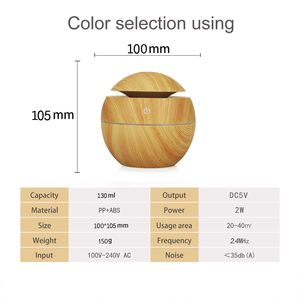 Humidificateur d'air ultrasonique USB à grain de bois, diffuseur d'huiles essentielles électriques, lumière LED 7 couleurs, faible bruit 35 dB pour la maison - Product Image 6