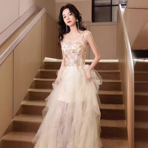 Champagne Halter Neck Evening Gown Empire Waist 3D Floral Ball Gown For Coming Of Age Birthday Graduation - Product Image 1