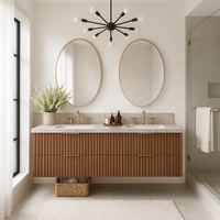 Meuble de salle de bain moderne en bois cannelé, prix direct usine, armoire sur pied personnalisée, plan de travail en quartz, lavabo en céramique, cuivre