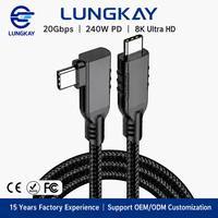 Câble USB-C vers USB-C LUNG KAY OEM 90 degrés tressé en forme de L, PD 240W 20 Gbit/s pour ordinateur portable de gaming, SSD, smartphone