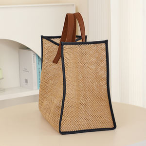 Sacs fourre-tout réutilisables <span class=keywords><strong>en</strong></span> paille tressée de haute qualité pour femmes, avec poignée <span class=keywords><strong>en</strong></span> <span class=keywords><strong>cuir</strong></span>, pour le shopping et les voyages - Product Image 5