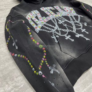 Vintage soleil délavé coton Streetwear imprimé à capuche unisexe surdimensionné strass à capuche lourd acide lavage graphique sweats à capuche - Product Image 4