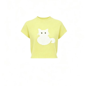 Women's Pink <b>Cat</b> Print Short Sleeve Knit <b>Top</b> Crew Neck Slim Fit Summer 2026 - Product Image 2