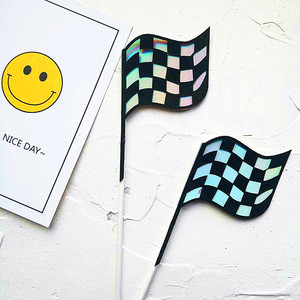 ที่ประดับเค้กธงแข่งรถ F1 ลายตารางหมากรุกสีดำขาวอะคริลิค ตกแต่งงานปาร์ตี้วันเกิด อุปกรณ์ตกแต่งโต๊ะขนมหวาน - Product Image 2