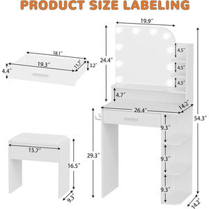 Meja rias putih dengan kursi meja rias kecil dengan cermin dan lampu meja rias dengan stop kontak untuk ruang kecil - Product Image 6