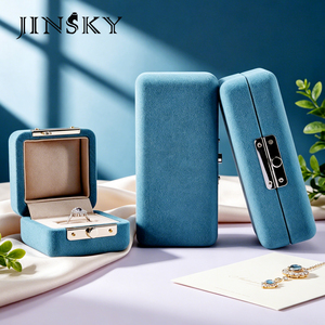 JINSKY Custom Logo Luxury Blue Velvet Jewelry <b>Box</b> Snap Closure Elegant <b>Gift</b> Packaging for Rings Necklaces Pendants - Product Image 3