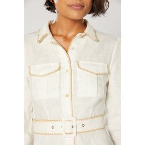 Mini robe en lin 100% pour femmes manches longues avec revers boutonné en épingle Ceinture <span class=keywords><strong>amovible</strong></span> en tissu avec boucle boutonnée robe - Product Image 2