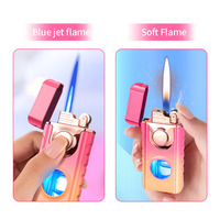 Briquet à flamme jet/flamme douce, briquet à flamme ouverte, rechargeable au butane, en métal bleu, pour cigarettes, moderne, avec logo personnalisé