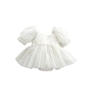 1 BH Romper katun polos Label pribadi, pakaian bayi balita musim panas lengan Puff Tutu Bodysuit bayi perempuan