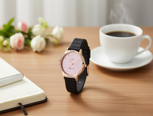 Montre pour femme, boîtier rond plaqué or, bracelet en silicone, cadran rose, montre tendance - Product Image 2