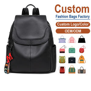 Full-Grain Leather <b>Backpack</b> – <b>Black</b> Lychee-Texture with Colorful Letter Charm Minimalist Design OEM Customization Factory Direct - Product Image 1