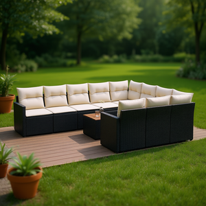 Ensemble de canapés de jardin en rotin noir, grand mobilier d'extérieur 10 places, design contemporain, pieds réglables - Product Image 2
