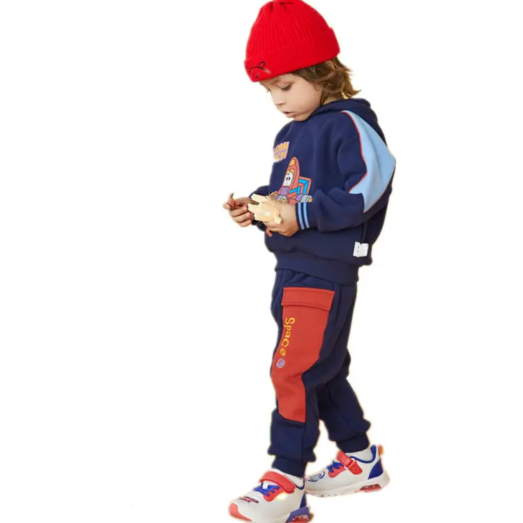 Navy Blue Kids Sweatsuit Sets 100% Cotton Pullover Hoodie Jogger Pants Custom Made Boys Kids Sweatsuit