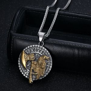 <b>Viking</b> <b>Axe</b> Odin Raven Titanium Steel Pendant Necklace Men's Vintage Gold Plated Round Animal Design Gift Jewelry - Product Image 4