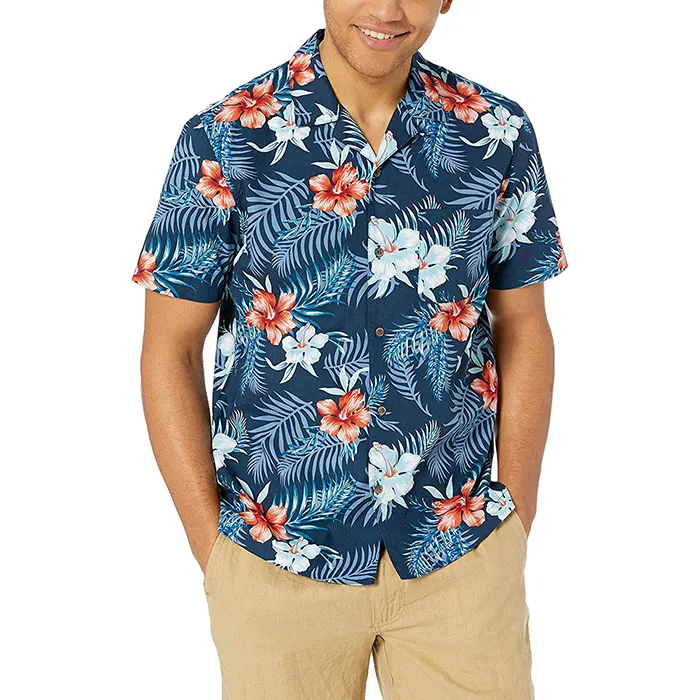 New style T-shirt Men Flower Prints Casual Collared Summer Shirt Men Beach Tropical Hawaiian Aloha Shirt