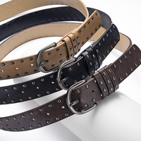 Production Personnalisée – Jean Femme Style Rétro Vintage à Double Rangée de Rivets et Boucle Ardillon, en Cuir PU Noir Tendance et Alliage