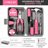 Kit d'outils à main multifonctionnels pour la maison, boîte rigide universelle rose, ensemble de 13 outils, ensemble d'outils manuels de réparation multifonctionnels pour le bricolage