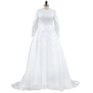 9000# 2022 New Designs O-Neck Wedding Dress Empire Long Sleeve A-Line Real Photos Muslim Bride Women Lace Applique Bridal Gown