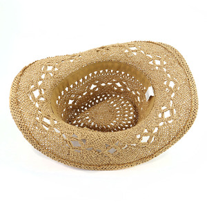 Sombrero de paja de <span class=keywords><strong>vaquero</strong></span> occidental con flores tejidas a mano sombrero de paja de papel Fedora de Jazz tejido a mano - Product Image 5