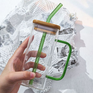 Vaso cuadrado de pajita de vidrio de borosilicato de 400ml con mango colorido, accesorios de barra de uso doméstico para bebidas frías, jugos, leche - Product Image 2
