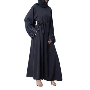 2024 New Muslim Women's Embroidered Cuffed Robewomen Abaya Dubai Muslim Dresses Elegant Satin