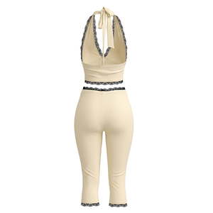 Viviblook J26ST268 Ensemble 2 pièces sexy pour femme : débardeur dos nu en dentelle à col licou et pantalon court côtelé de couleur unie - Product Image 6