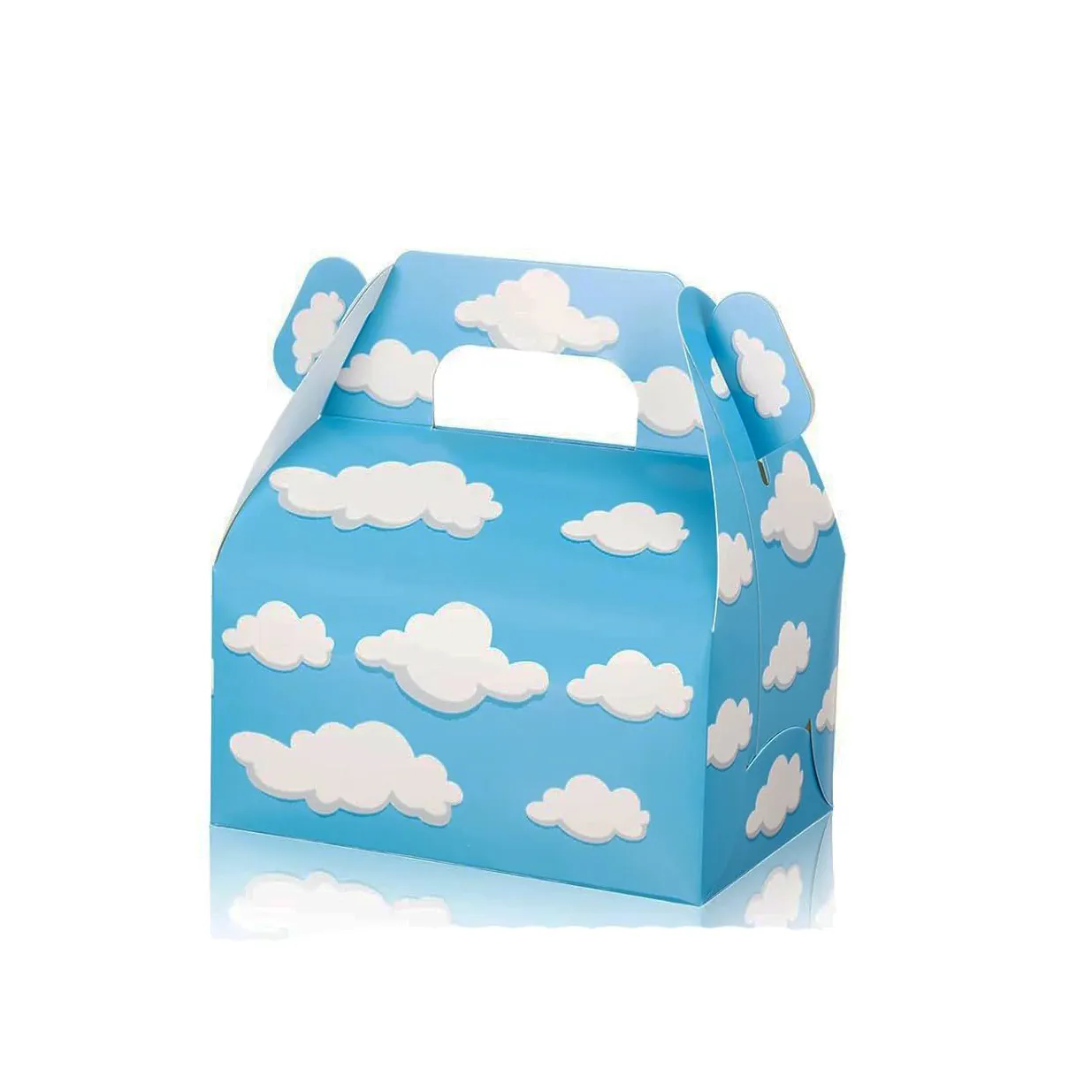 Vente en gros de fournitures de fête d'anniversaire pour enfants Emballage en carton de bonbons Conception de motif de nuage bleu blanc Portable pour enfants coffret cadeau