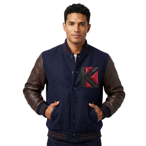 Veste universitaire en laine bleu royal pour hommes, marron foncé, peau de vache blanchie, manches en cuir, broderie, décoration, patch chenille, hiver - Product Image 1