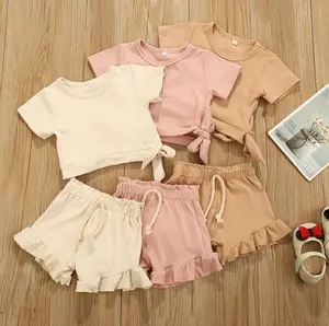 Girls' suit solid color short-sleeved round neck blouse lace shorts female treasure two-piece candy color children's clothing