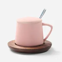 Custom Gegraveerde Logo Matte Frosted Roze Zwart Keramische Koffie Thee Water Mok Cup Met Houten Plaat