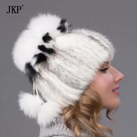JKP Winter-Damenfellmützen: Gestrickte Bommel-Nerzmütze für Frauen mit anpassbarem Futter, Reise-Beanie aus gängigem Stoff, verstellbar