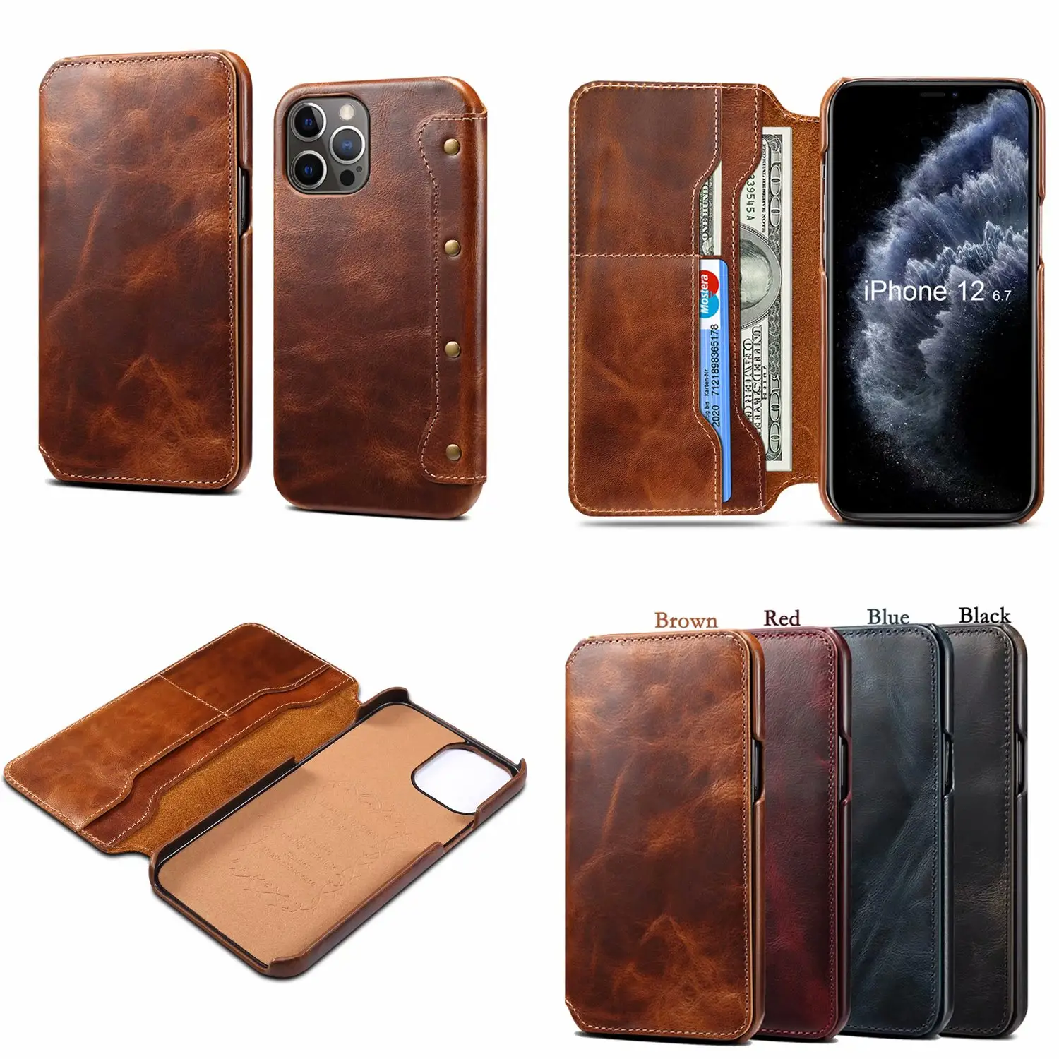 Vintage Genuine Leather Folio Case Cover For iPhone 12 5.4" /6.1"/6.7"