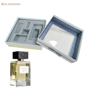 OEM Luxury Clear PVC Window Cosmetic Hardboard Gift Paper Box Set with Grey Flocked Tray Handmade Rigid Boxes Rectangle