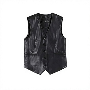 Gilet pour homme en cuir PU noir, col rond, sans manches, simple boutonnage, couleur unie, fermeture éclair, longueur standard, style vintage - Product Image 1