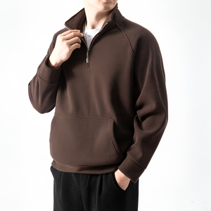 Men's <b>Brown</b> Quarter Zip <b>Fleece</b> Sweatshirt Regular Fit Stand Collar Pocket Casual Autumn Wear - Product Image 1