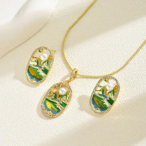 Ensemble élégant de collier et boucles d'oreilles, design montagne verte et rivière, diamant, perle, alliage de zinc, bijoux pour le bureau et la carrière - Product Image 2