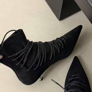 French Retro Genuine Leather <b>Suede</b> Low-<b>heel</b> Roman Ankle Boots Women's Stiletto Pointed Toe Lace-up Versatile Nude Boots - Product Image 3