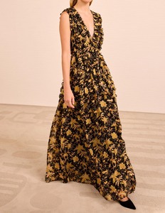 Women's Boho Black Gold <strong>Floral</strong> Print Ruffle Tiered Maxi <strong>Dress</strong> V Neck Sleeveless <strong>Cocktail</strong> Party Vacation <strong>Dress</strong> - Product Image 2